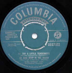 BING CROSBY , TRY A LITTLE TENDERNESS/HOW DEEP IS THE OCEAN / HAPPY GO LUCKY YOU/LOVE ME TONIGHT - EP